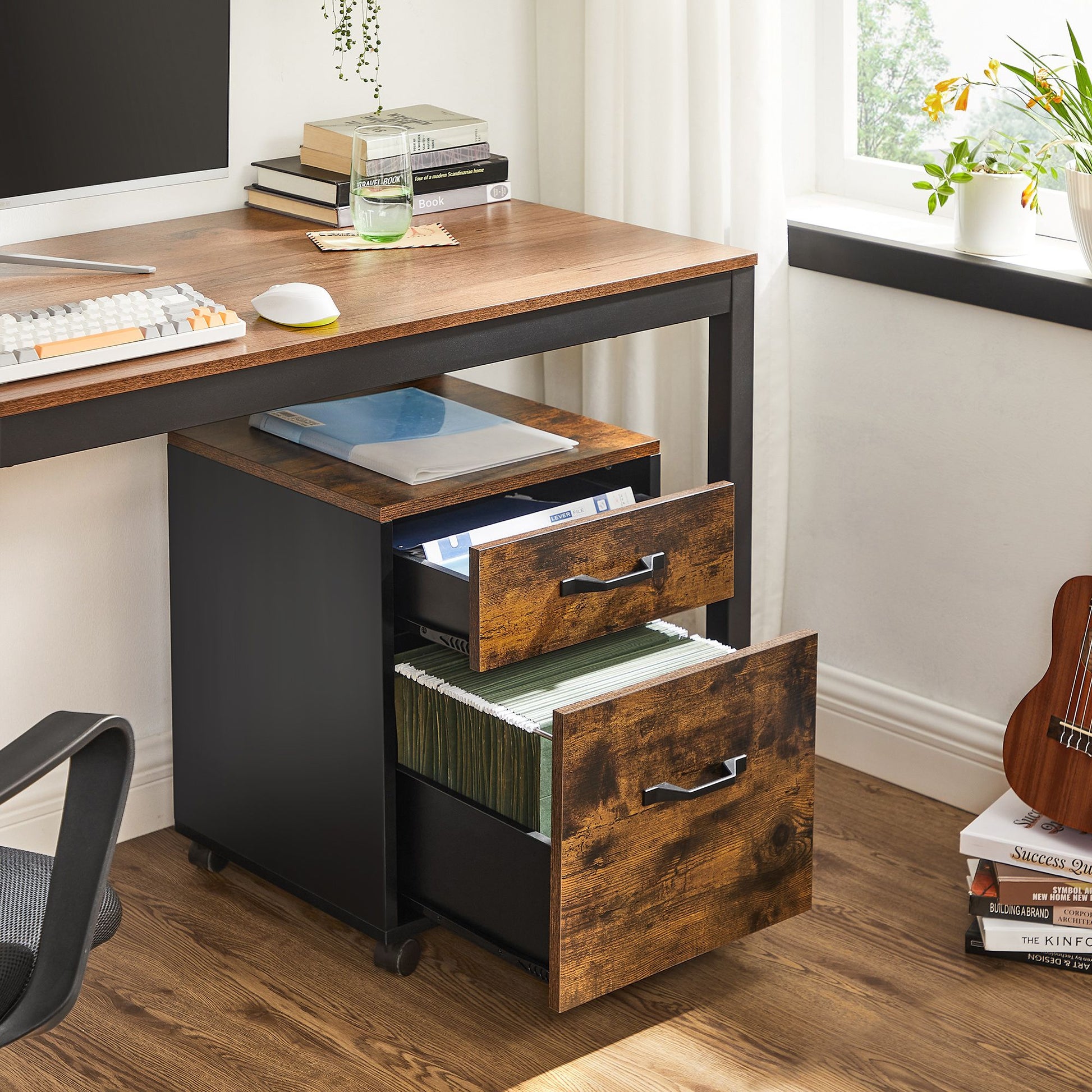 Caisson Bureau, 2 Tiroirs, Rangement Bureau, Roulettes, Petit Meuble Mobile, Support d’Imprimante, Marron Rustique Noir, Vasagle, 4