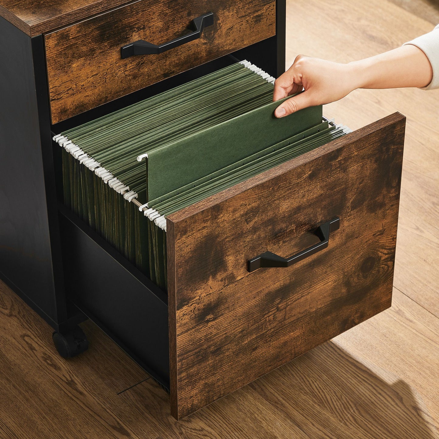 Caisson Bureau, 2 Tiroirs, Rangement Bureau, Roulettes, Petit Meuble Mobile, Support d’Imprimante, Marron Rustique Noir, Vasagle, 6