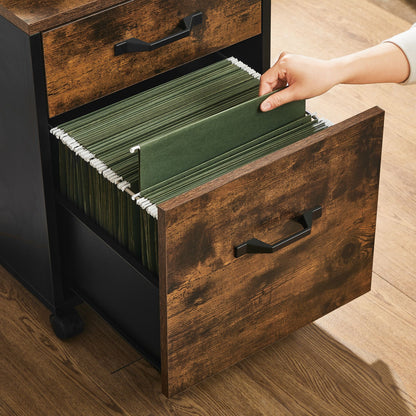 Caisson Bureau, 2 Tiroirs, Rangement Bureau, Roulettes, Petit Meuble Mobile, Support d’Imprimante, Marron Rustique Noir, Vasagle, 6