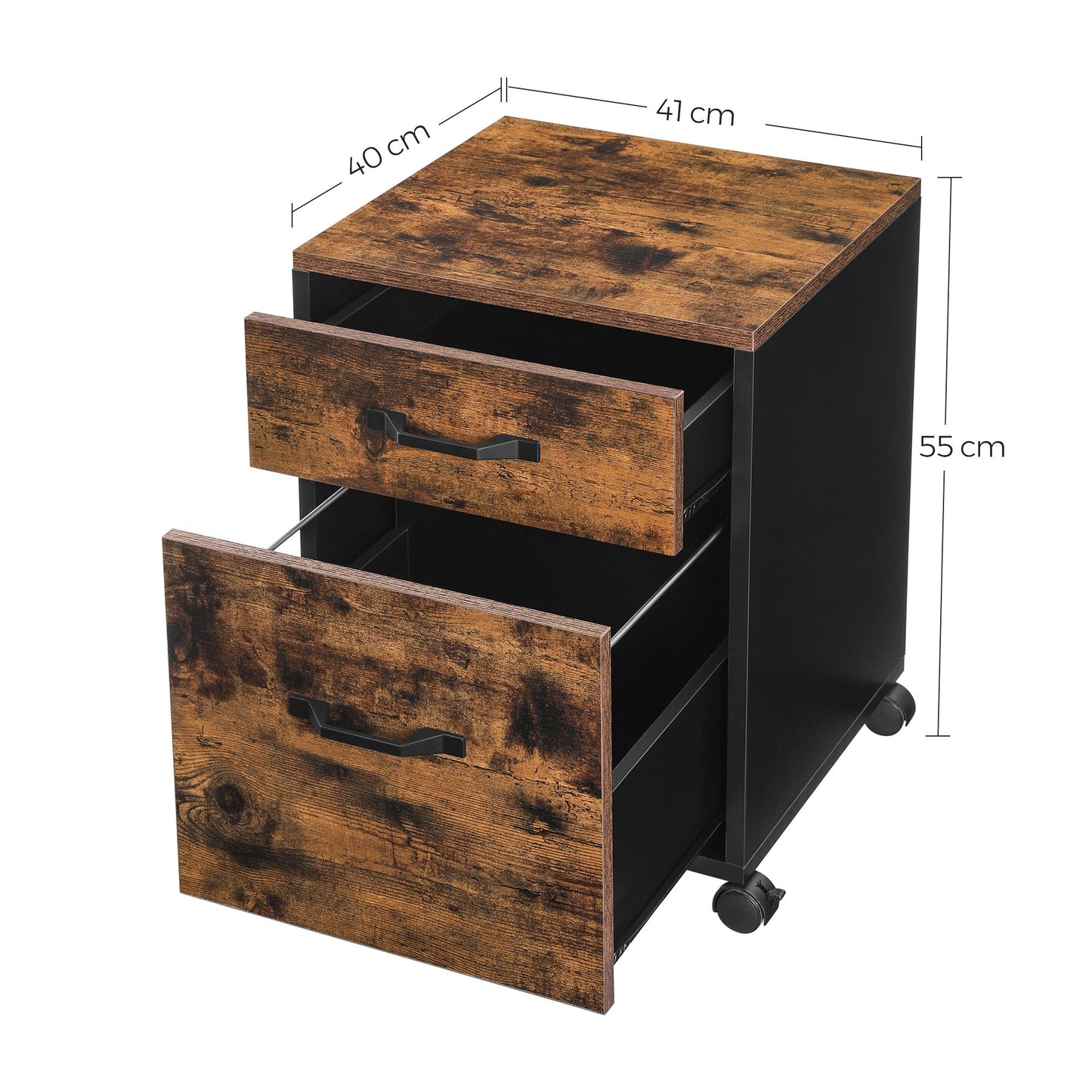 Caisson Bureau, 2 Tiroirs, Rangement Bureau, Roulettes, Petit Meuble Mobile, Support d’Imprimante, Marron Rustique Noir, Vasagle, 7
