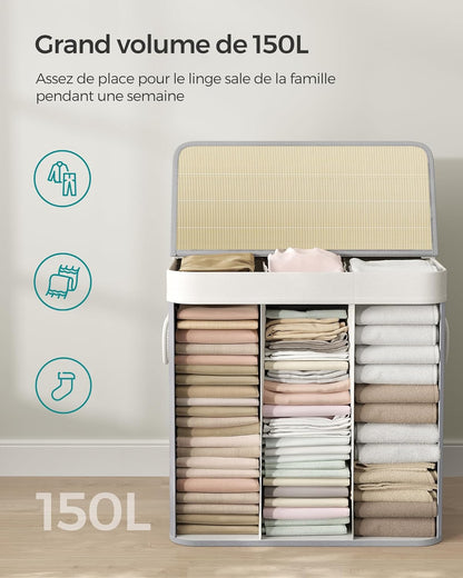 Panier à Linge Pliable, Panier Linge Bois, avec couvercle et poignées, Corbeille à linge 150L, pliable, Gris, SONGMICS, 7