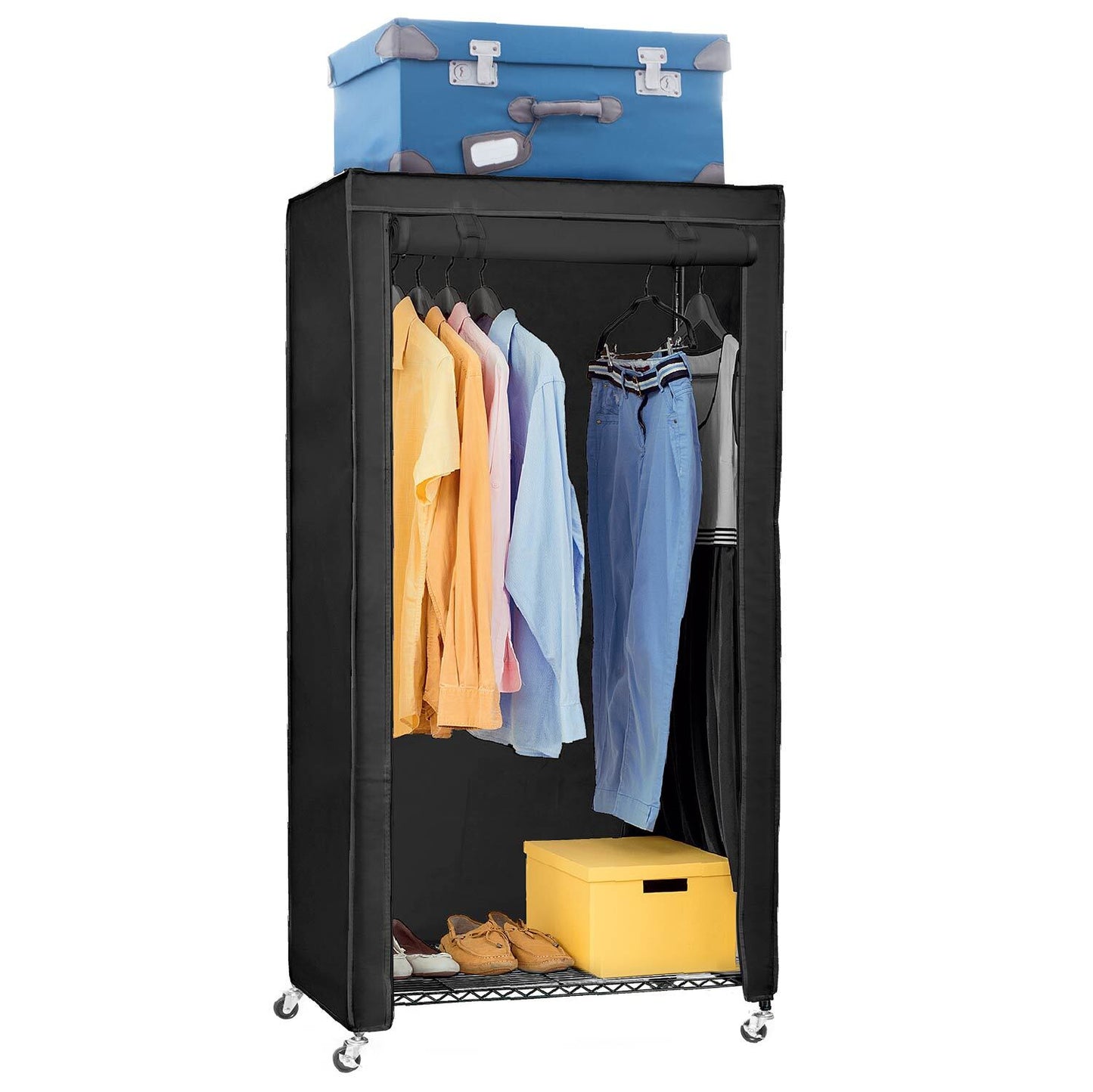 Penderie Tissu, Armoire Tissu, avec Roulettes, Portant Vêtement Solide, Jusqu'à 70kg, Penderie avec housse noir coton, art moon Buffalo, 9