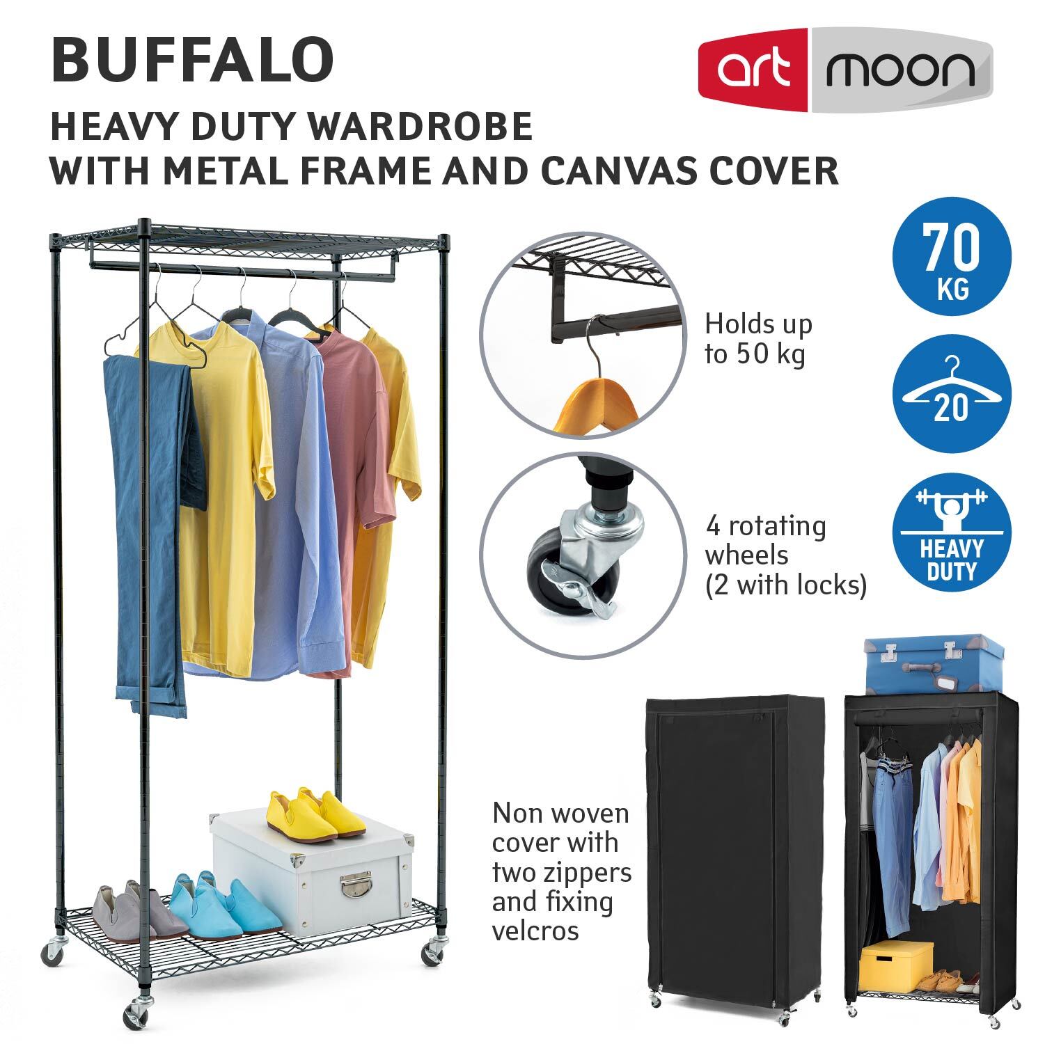 Penderie Tissu, Armoire Tissu, avec Roulettes, Portant Vêtement Solide, Jusqu'à 70kg, Penderie avec housse noir coton, art moon Buffalo, 3