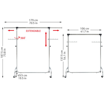 Portant Robuste pour Vêtements en Acier, Penderie sur 4 Roues, Réglable en Largeur et Hauteur, 45 cintres, 4