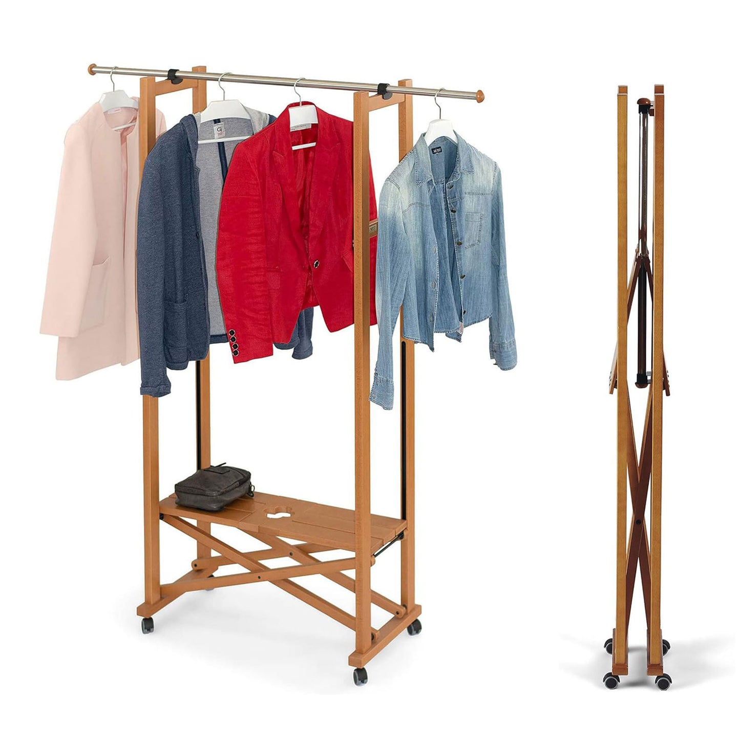 Portant Vetement Bois, Penderie, Portant a Vêtement Pliable, Tringle, ARIT Elios 1