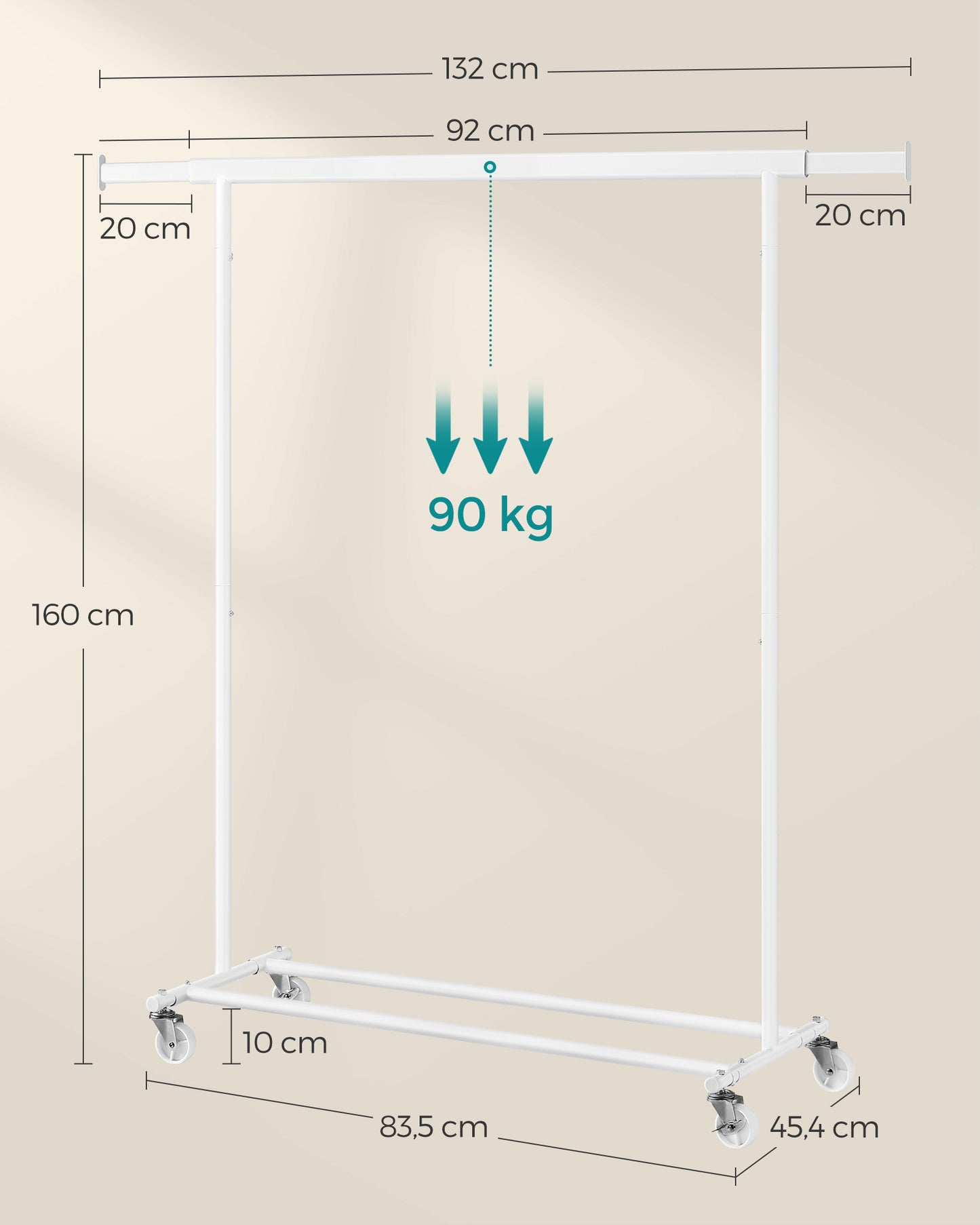 Portant à Vêtements avec Roulettes, Porte-manteau, Rangement Vêtement, Penderie sur Roulette, Blanc Classique, SONGMICS, 2