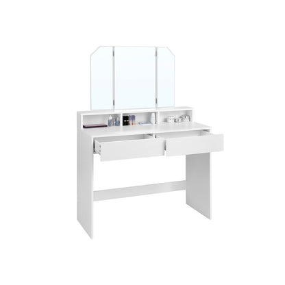 Coiffeuse avec Miroir Pliable, Table de Maquillage, avec 2 tiroirs et 3 Compartiments de Rangement, Blanc, VASAGLE, 2