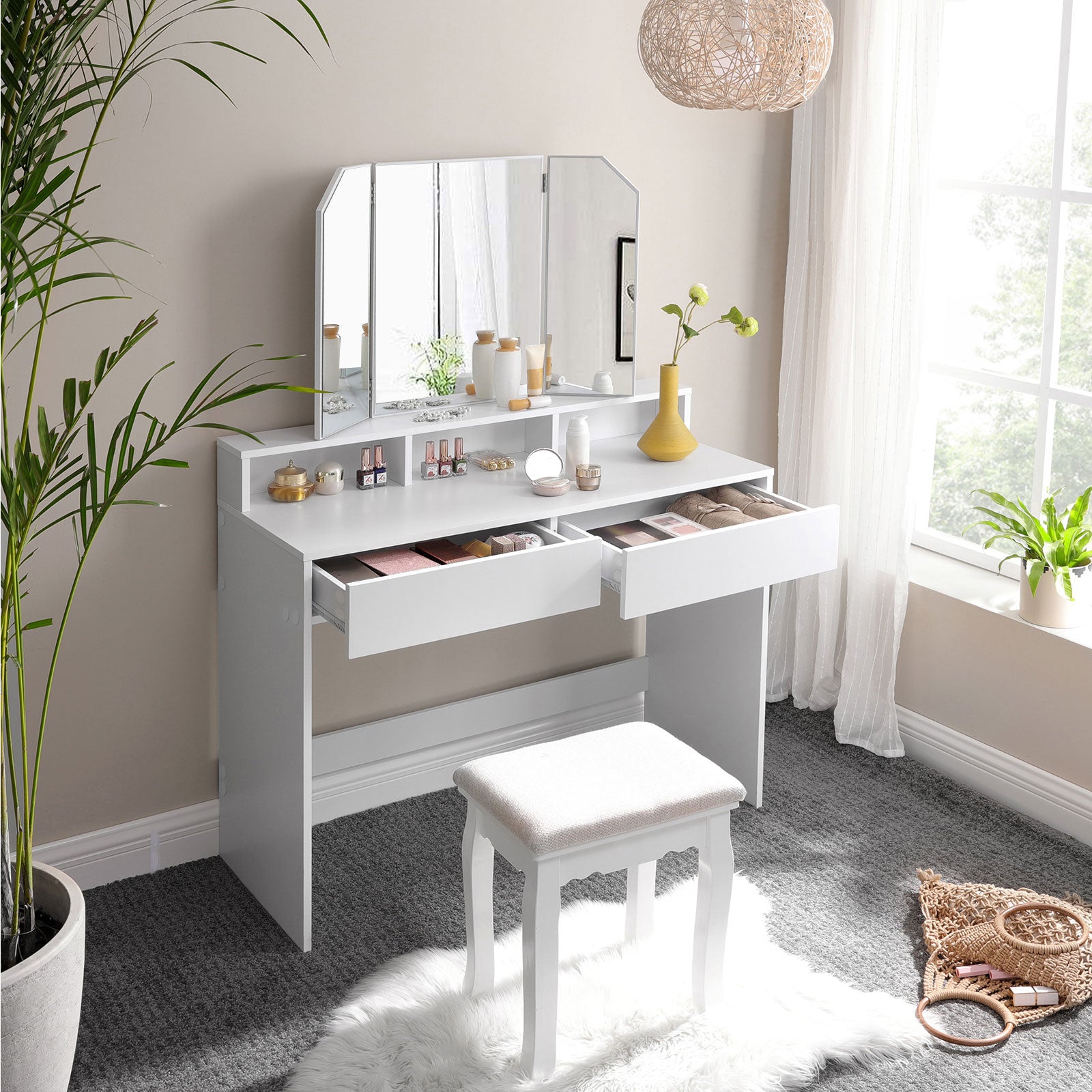 Coiffeuse avec Miroir Pliable, Table de Maquillage, avec 2 tiroirs et 3 Compartiments de Rangement, Blanc, VASAGLE, 4