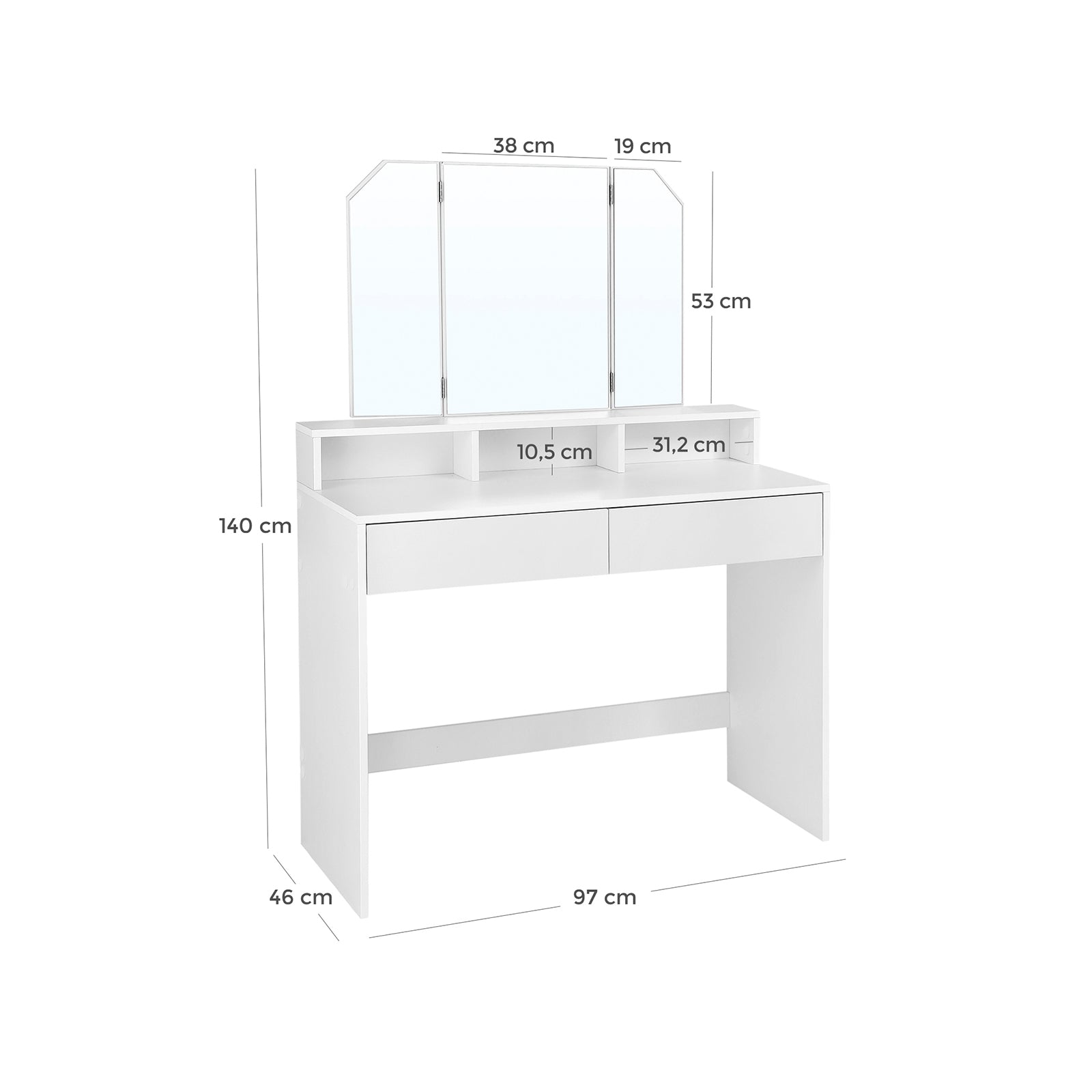 Coiffeuse avec Miroir Pliable, Table de Maquillage, avec 2 tiroirs et 3 Compartiments de Rangement, Blanc, VASAGLE, 7