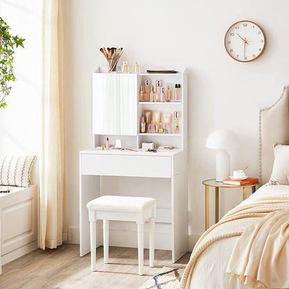 Coiffeuse, Table de Maquillage, avec Miroir, avec Placard de Rangement et tiroir, étagères réglables, Blanc, VASAGLE, 4