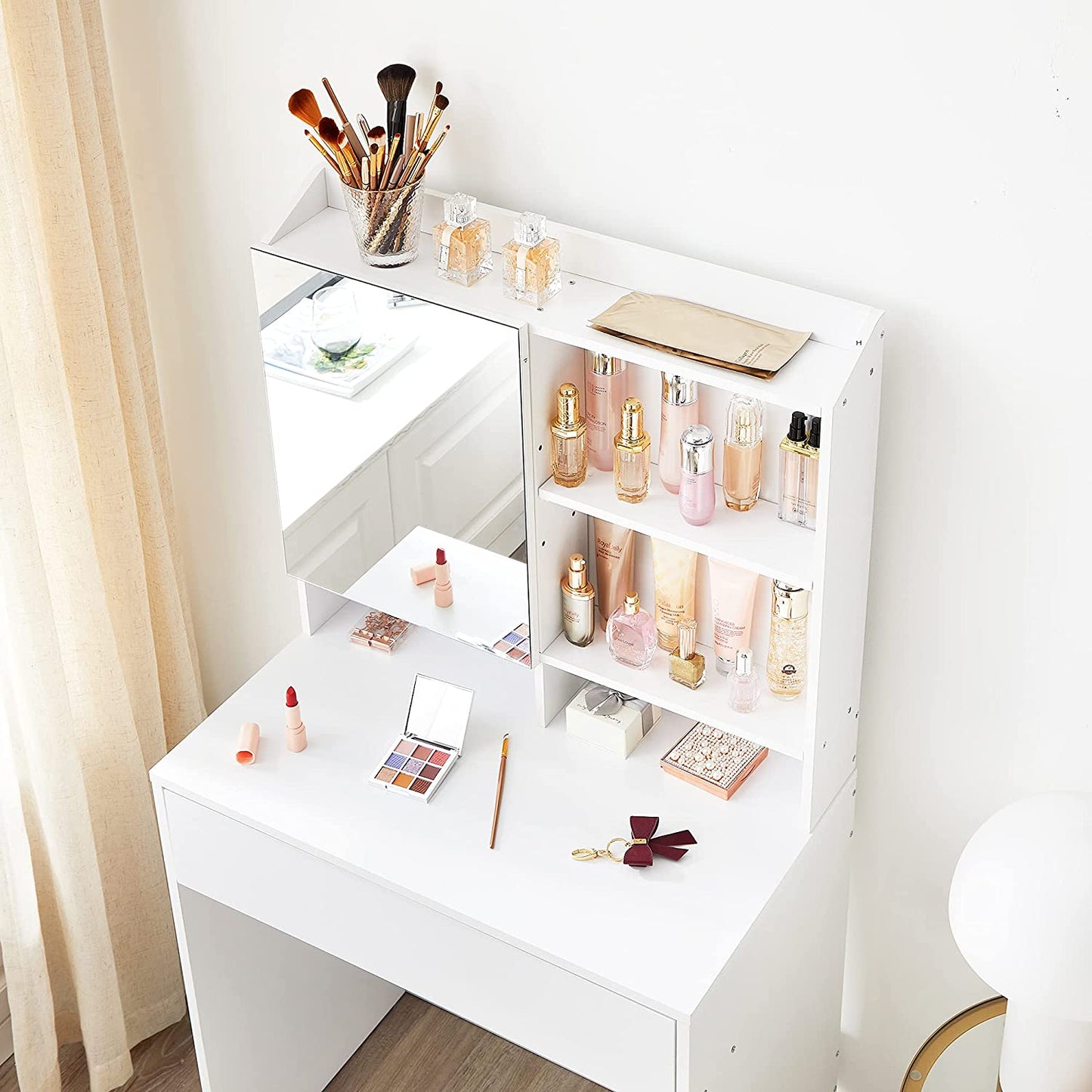 Coiffeuse, Table de Maquillage, avec Miroir, avec Placard de Rangement et tiroir, étagères réglables, Blanc, VASAGLE, 5