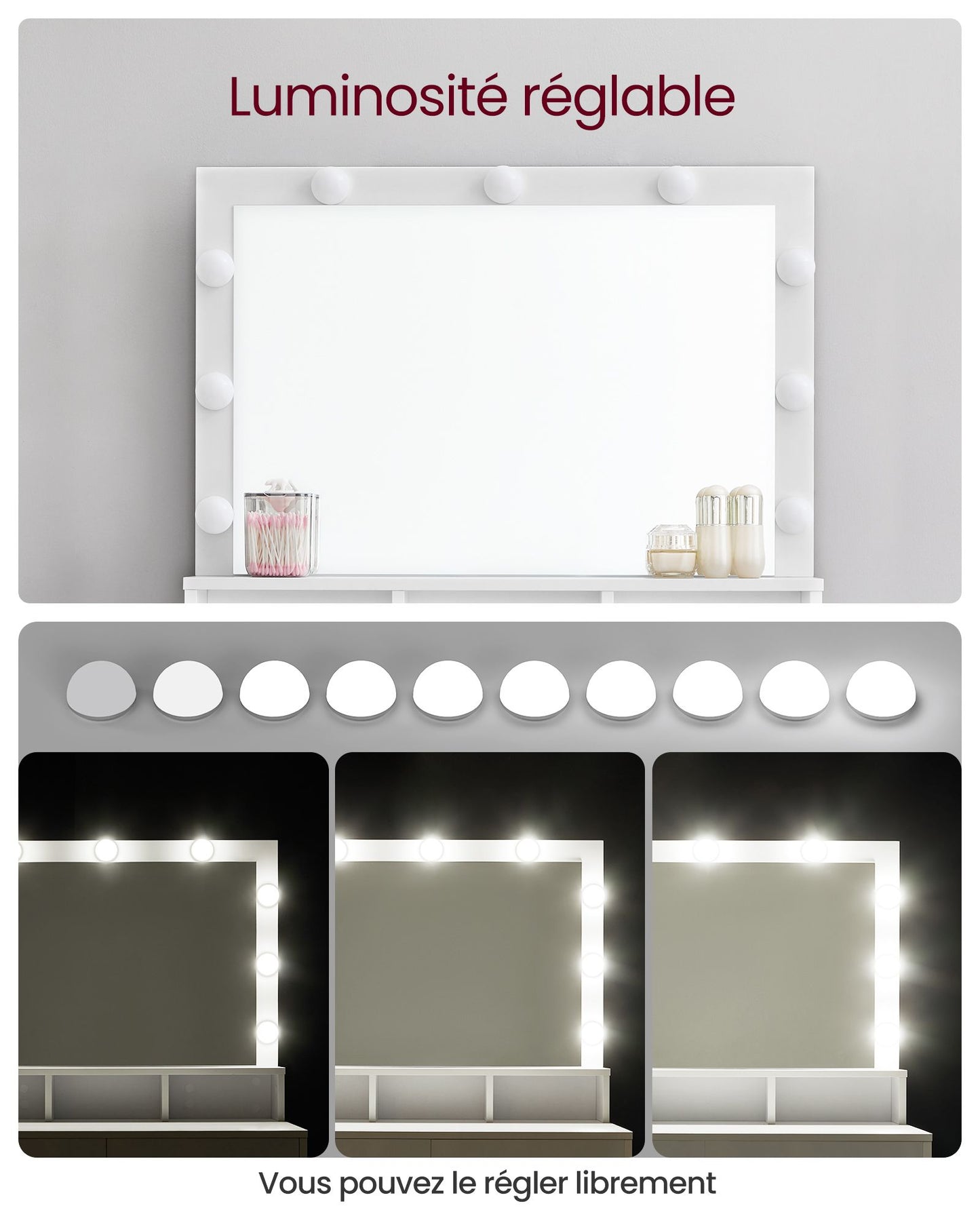 Coiffeuse, Grand Miroir LED à Luminosité Réglable, Table de Maquillage avec Miroir, 2 Tiroirs, Blanc, VASAGLE, 4