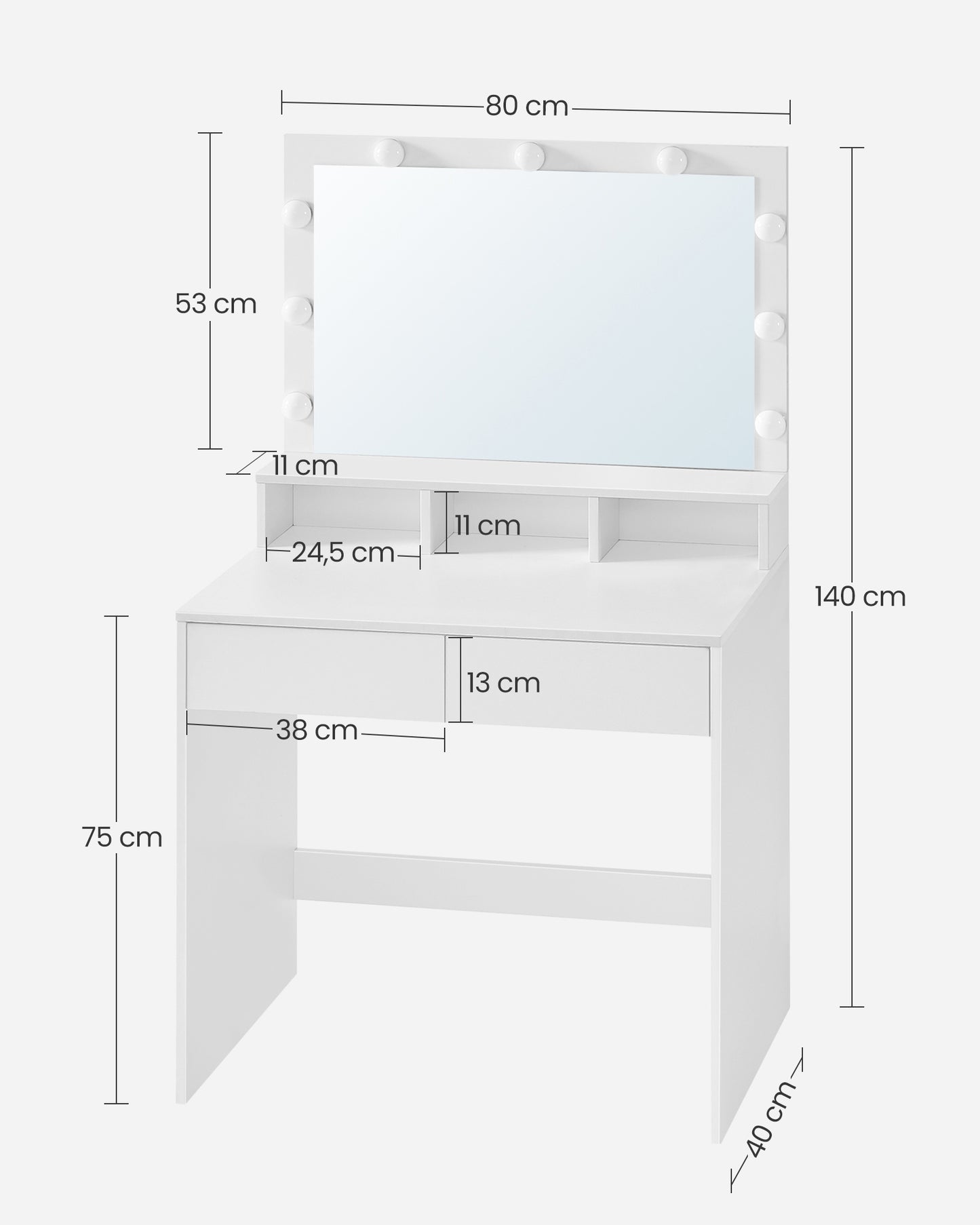 Coiffeuse, Grand Miroir LED à Luminosité Réglable, Table de Maquillage avec Miroir, 2 Tiroirs, Blanc, VASAGLE, 7