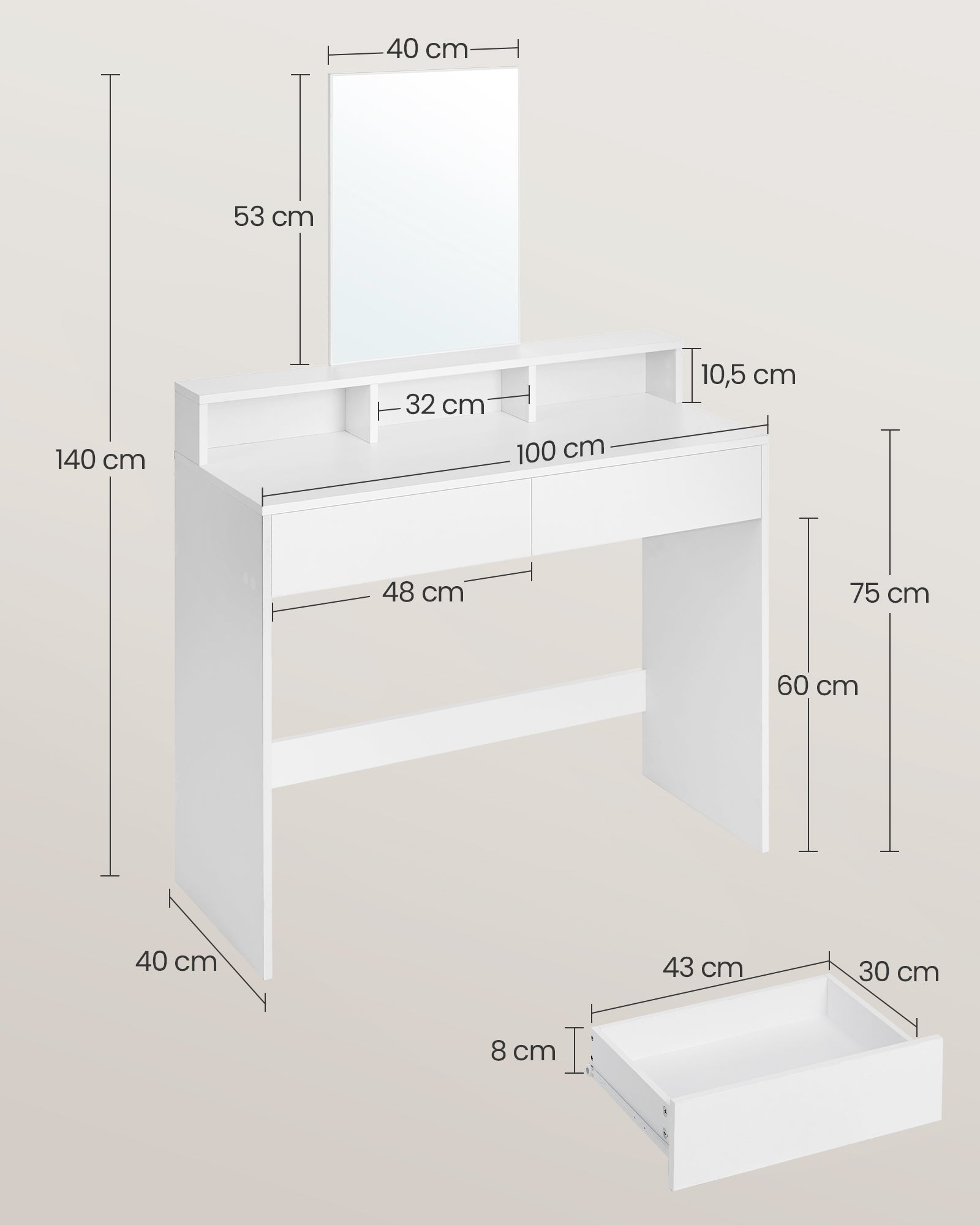 Coiffeuse avec Grand Miroir, Table de Maquillage, avec 2 Tiroirs et 3 Compartiments, Style Moderne, Blanc, VASAGLE, 6