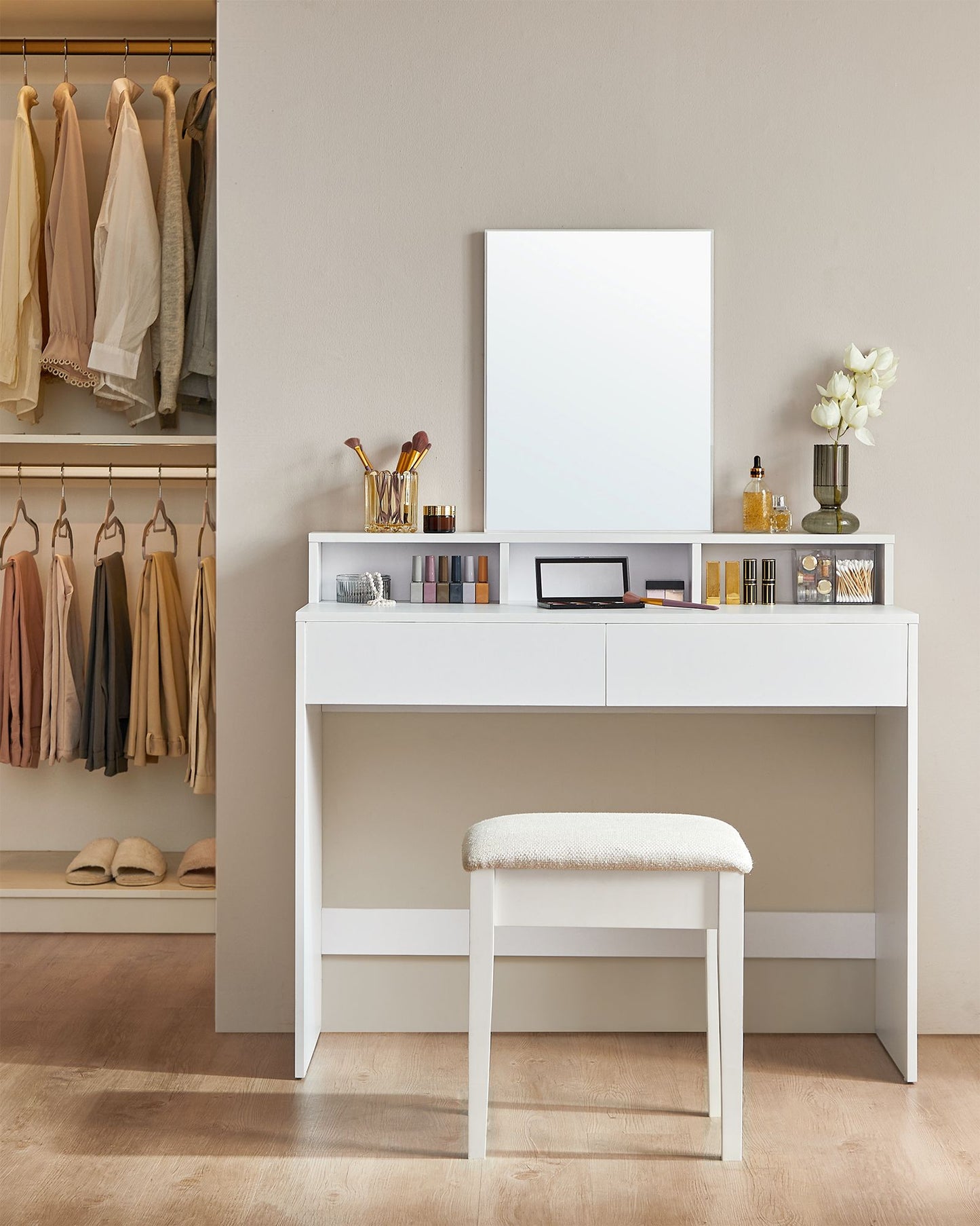 Coiffeuse avec Grand Miroir, Table de Maquillage, avec 2 Tiroirs et 3 Compartiments, Style Moderne, Blanc, VASAGLE, 8