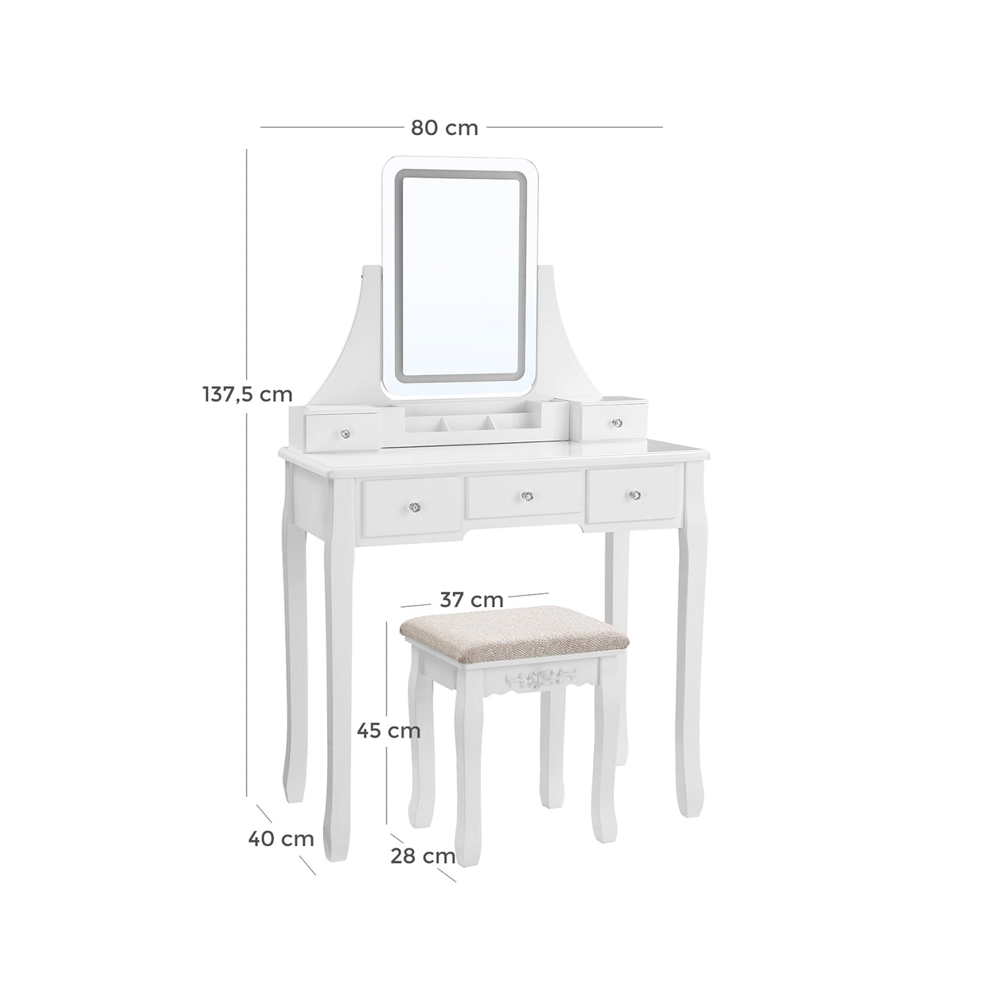 Coiffeuse avec Miroir avec LED 3 Couleurs, Table de Maquillage, avec 5 tiroirs, Blanc, VASAGLE, 7