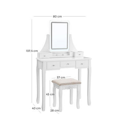 Coiffeuse avec Miroir avec LED 3 Couleurs, Table de Maquillage, avec 5 tiroirs, Blanc, VASAGLE, 7