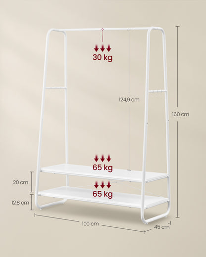 Portant Vêtement Solide, jusqu'à 190 kg, Porte Vetement Chambre, avec 2 étagères, 6 Crochets, Acier, Blanc, VASAGLE,7