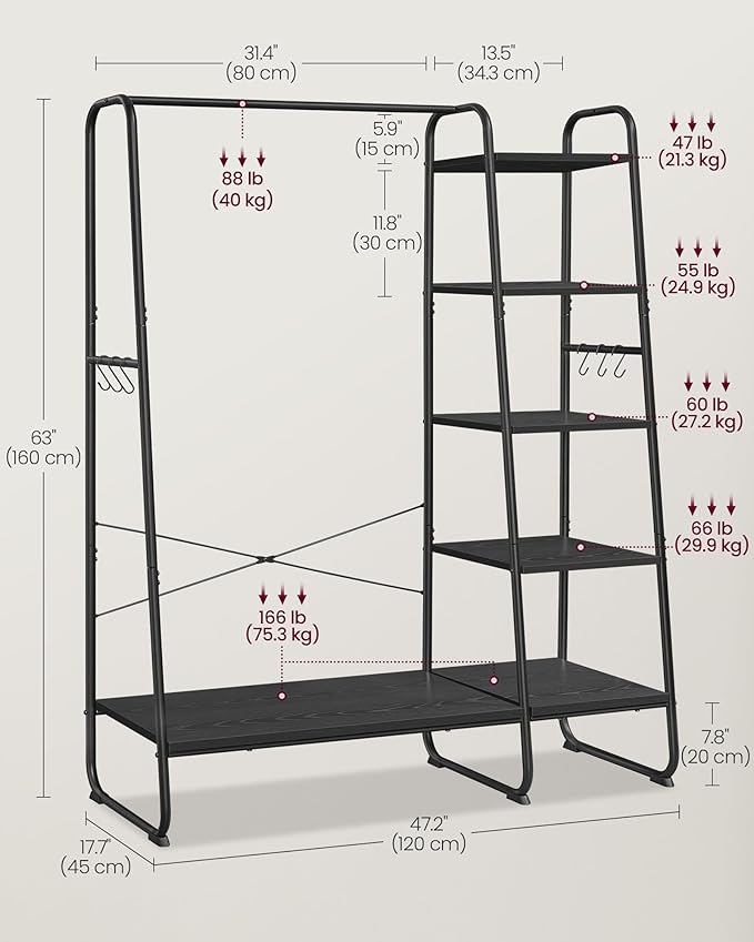 Portant Vêtement Solide, jusqu'à 220kg, Armoire Ouverte, avec 5 Étagèress de Rangement, 6 Crochets, Noir, VASAGLE,7