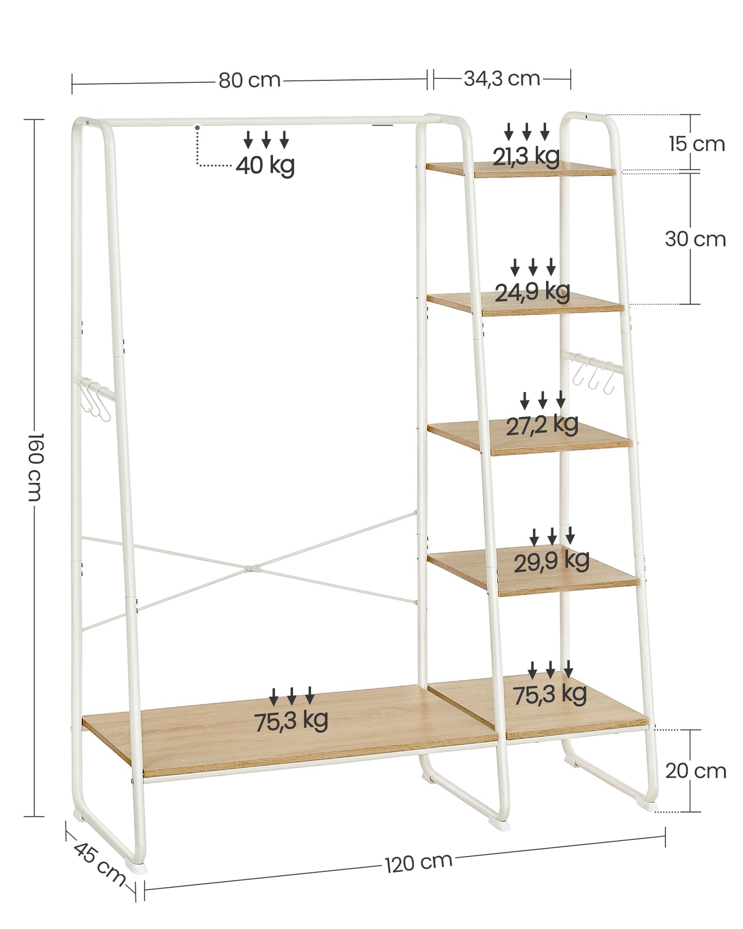 Portant Vêtement Solide, jusqu'à 220kg, Armoire Ouverte, avec 5 Étagèress, 6 Crochets, Chêne et Blanc, VASAGLE, 5