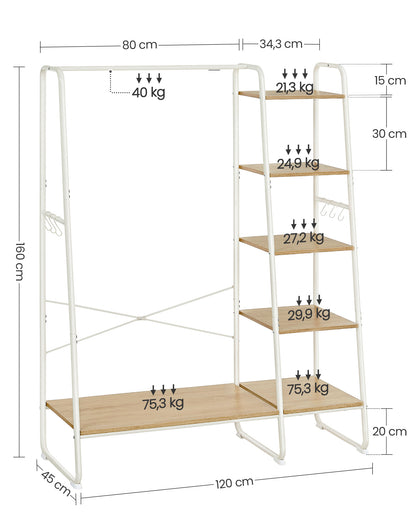 Portant Vêtement Solide, jusqu'à 220kg, Armoire Ouverte, avec 5 Étagèress, 6 Crochets, Chêne et Blanc, VASAGLE, 5