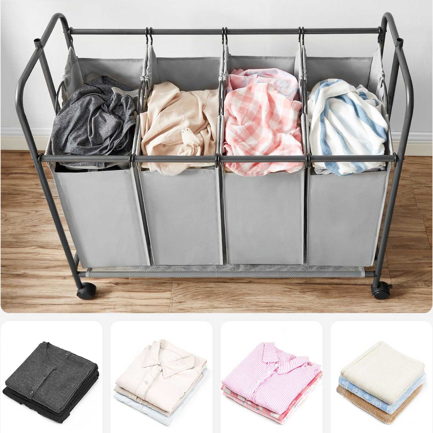 Panier à Linge Pliable, Panier Linge Bois, panier à linge 4 compartiments, chariot à linge, 4 x 50 litres, Gris, SONGMICS, 2