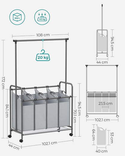 Panier à Linge Pliable, Panier Linge Bois, panier à linge 4 compartiments, chariot à linge, 4 x 50 litres, Gris, SONGMICS, 6