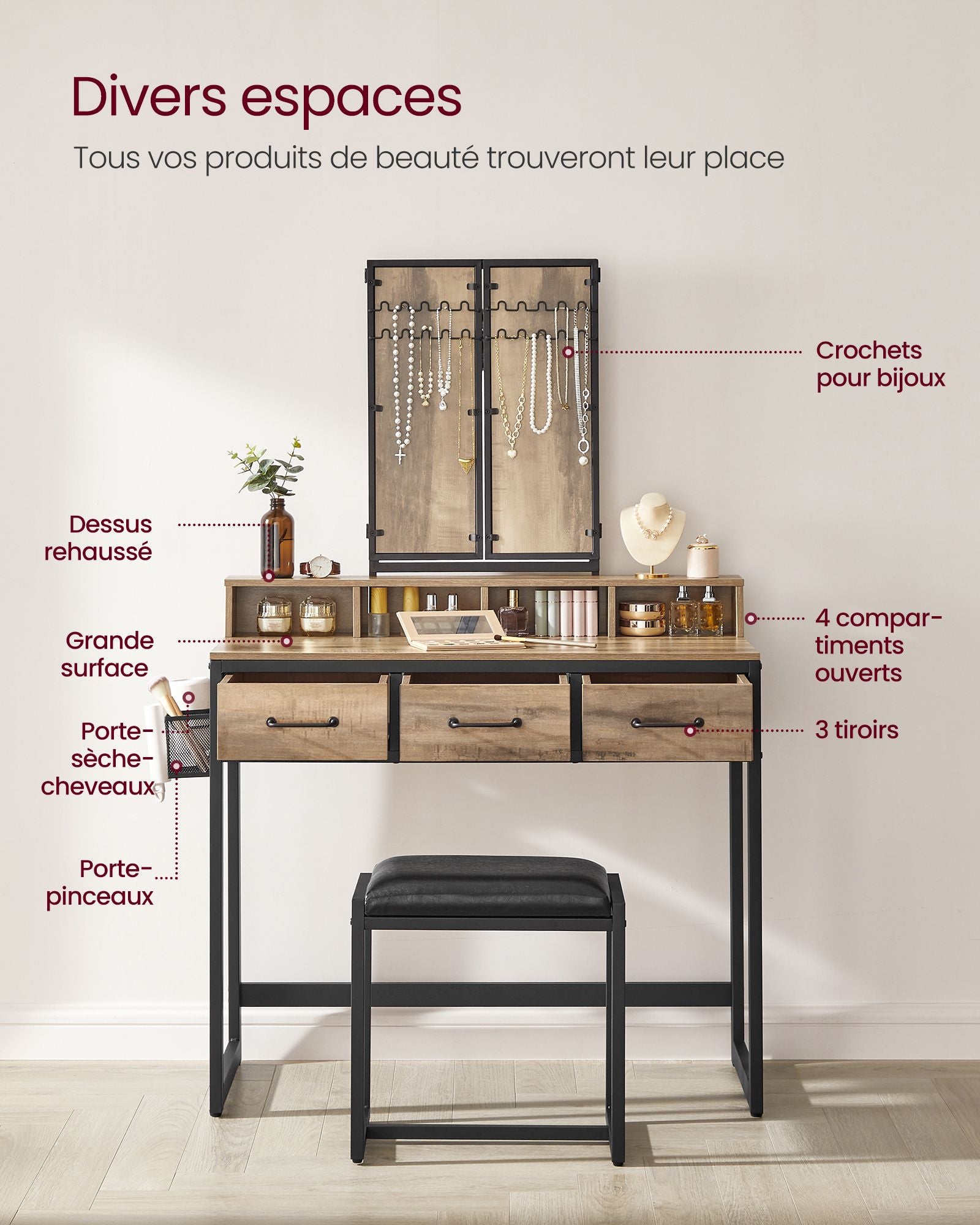 Coiffeuse, Table de Maquillage avec Tabouret Rembourré, avec Miroir Triple, 3 Tiroirs, Marron Boisé et Noir, VASAGLE, 4