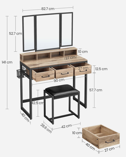 Coiffeuse, Table de Maquillage avec Tabouret Rembourré, avec Miroir Triple, 3 Tiroirs, Marron Boisé et Noir, VASAGLE, 7