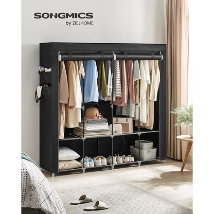 Penderie Tissu, Armoire Tissu, Portant Vetement, 4 Compartiments de Suspension, abvec Étagères, 4 Pochettes, Noir, SONGMICS, 3