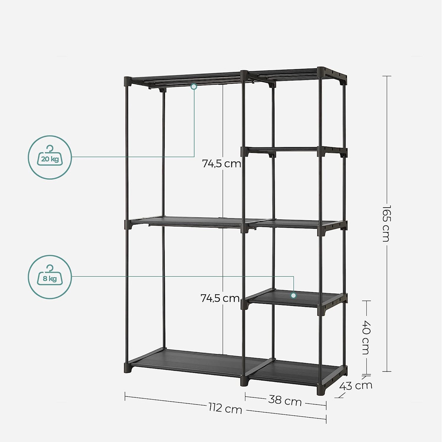 Armoire Ouverte, Portant Vetement, Armoire Pliable, Barres de Suspension, Tubes en métal, Porte-vêtements, Noir, SONGMICS, 5