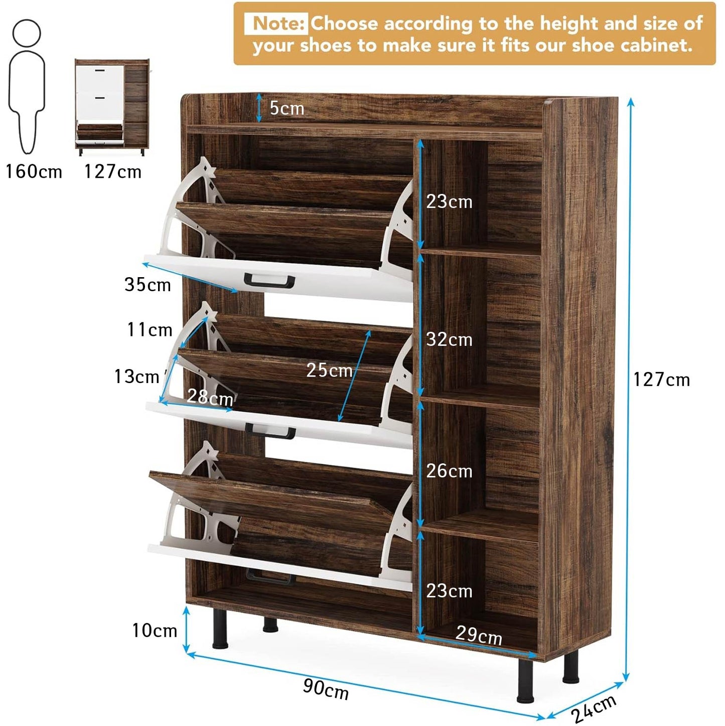 Meuble de Rangement à Chaussures Armoire, 22 Paires de placards à Chaussures avec Portes, Marron, Tribesigns, 9