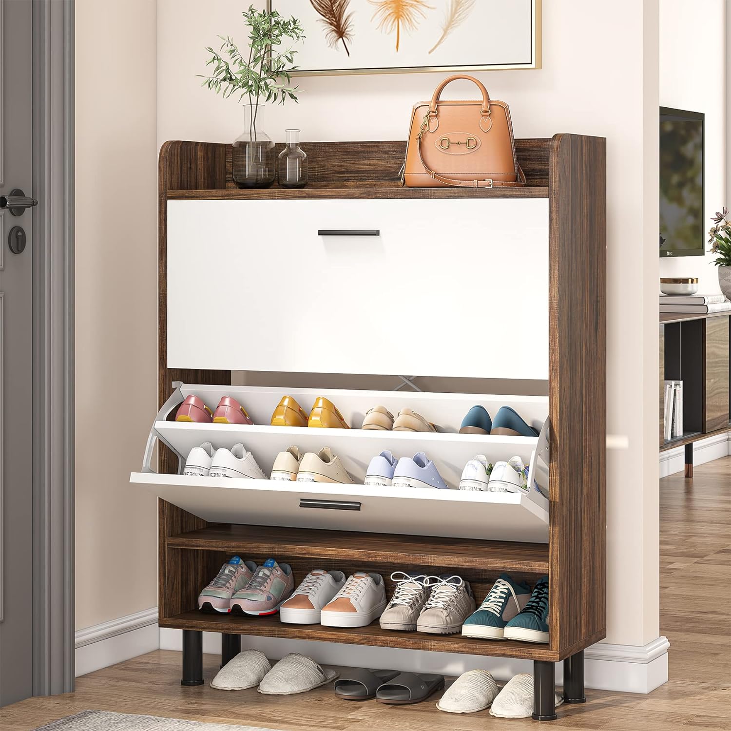 Meuble à Chaussures, Meuble de Rangement a Chaussure 24 Paires, Blanc Bois foncé, Tribesigns, 1