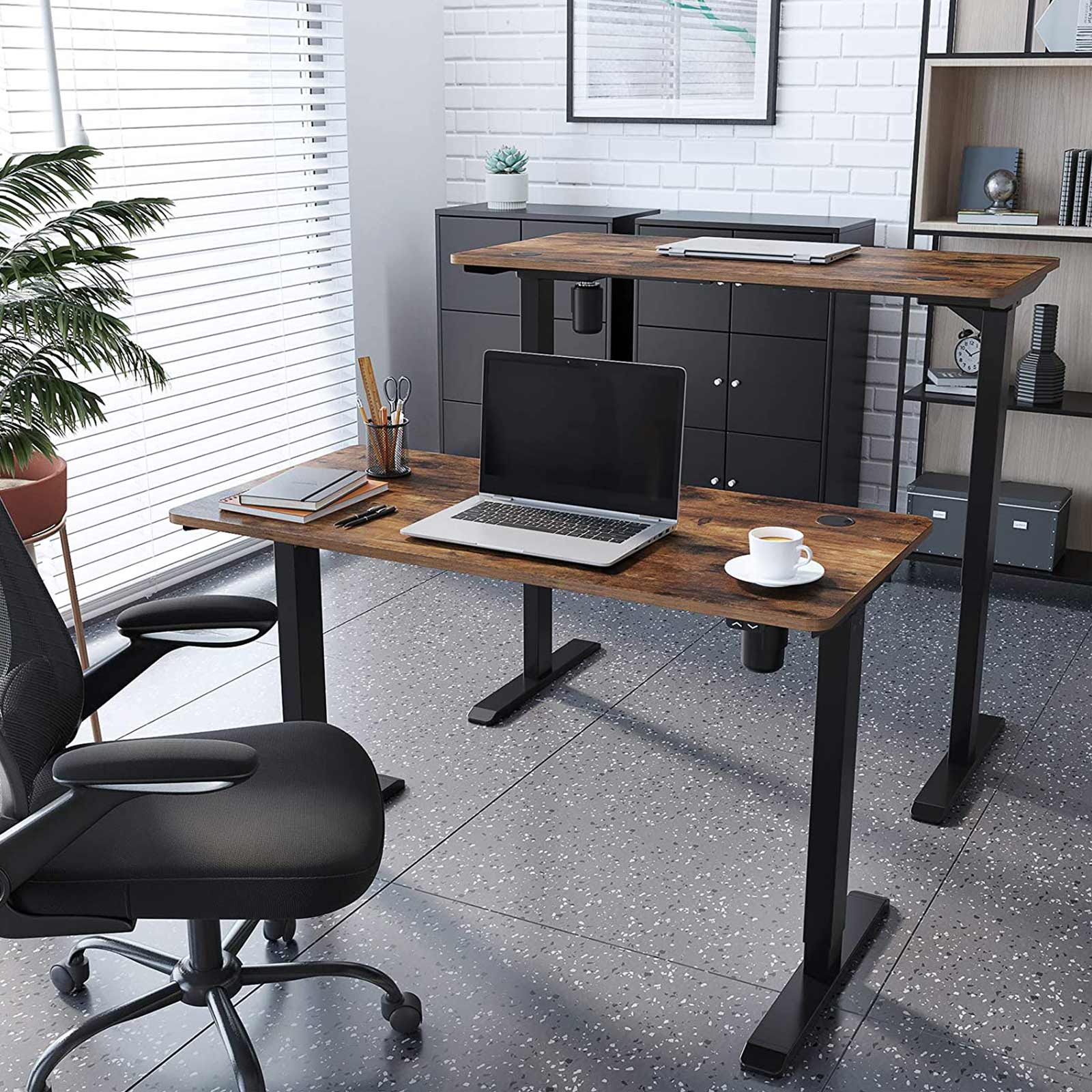 Bureau Assis Debout Electrique Réglable en Hauteur en Continu, avec Pieds et Dessus de Table, Marron et Noir, SONGMICS, 1