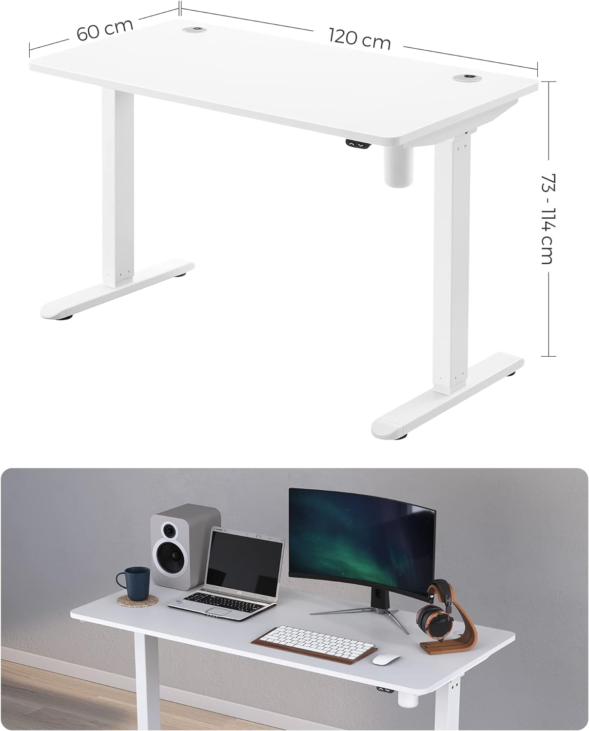 Bureau Assis Debout Electrique Réglable en Hauteur en Continu, avec Pieds et Dessus de Table, Blanc, SONGMICS, 5