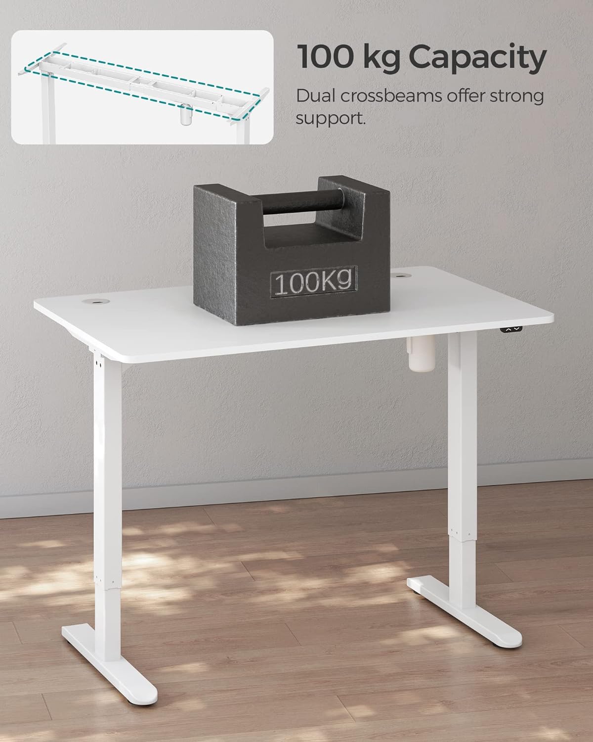 Bureau Assis Debout Electrique Réglable en Hauteur en Continu, avec Pieds et Dessus de Table, Blanc, SONGMICS, 6