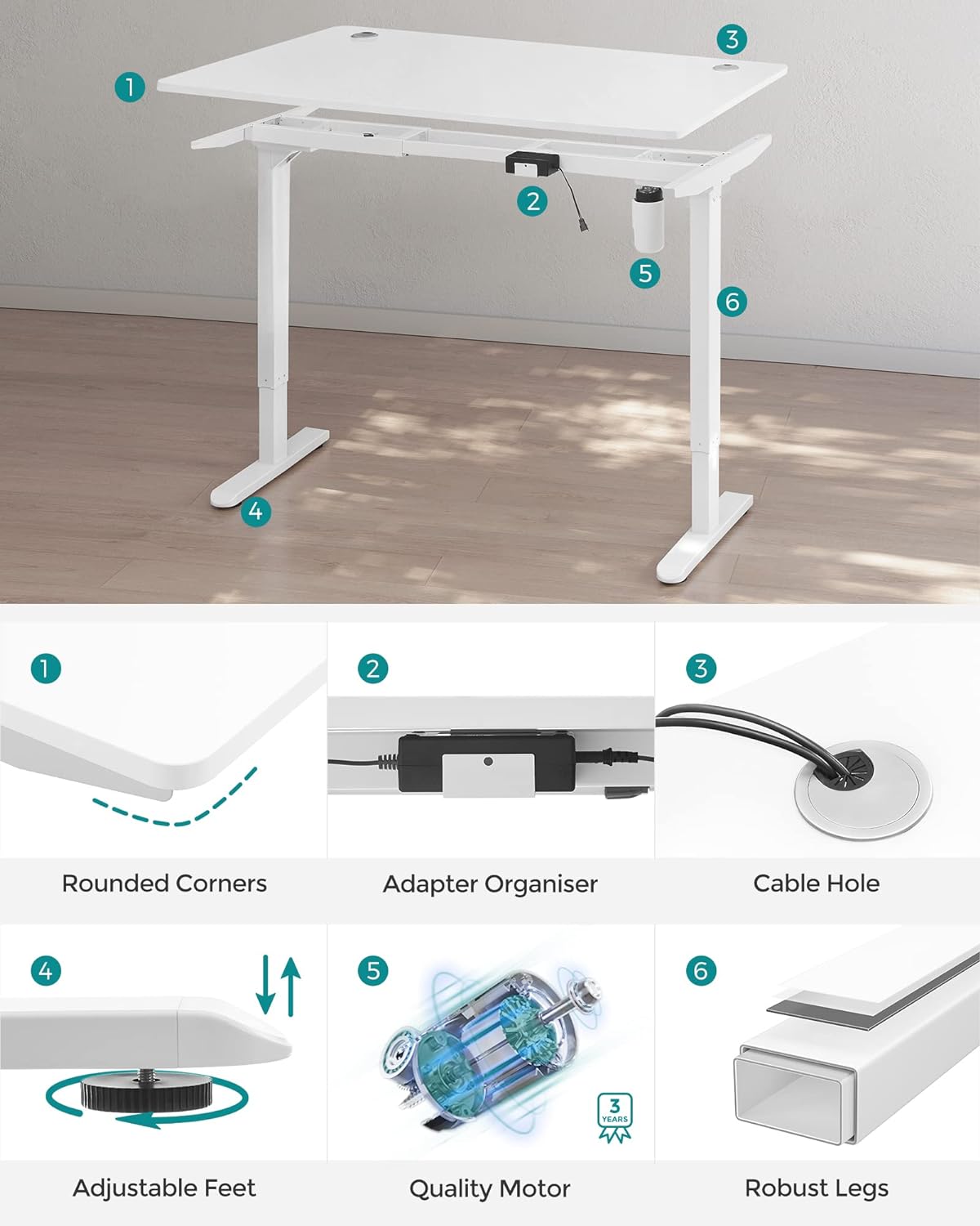 Bureau Assis Debout Electrique Réglable en Hauteur en Continu, avec Pieds et Dessus de Table, Blanc, SONGMICS, 8