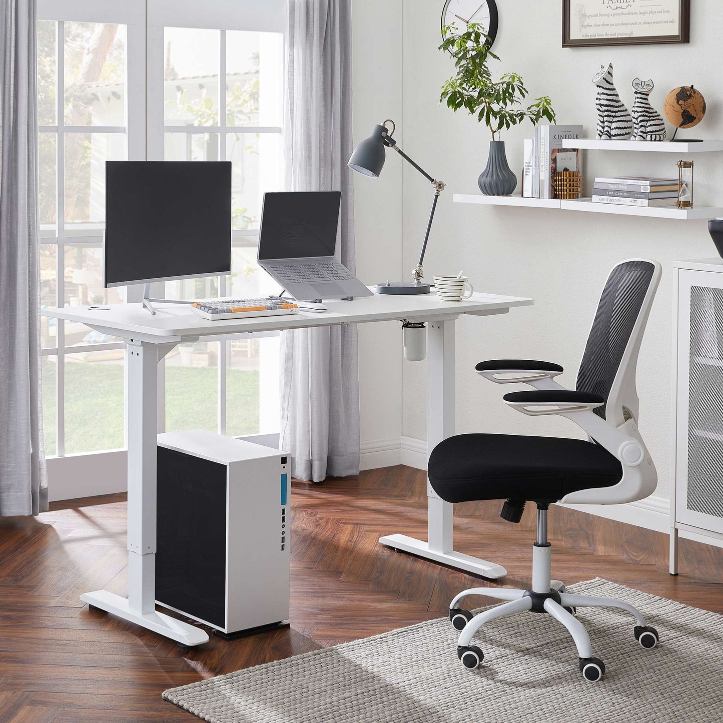 Bureau Électrique, Bureau Assis Debout, Bureau Assis Debout Electrique, avec Pieds et Dessus de Table, Blanc, SONGMICS, 2