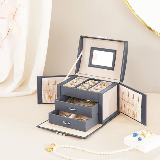 Boîte à bijoux, Rangement Bijoux, Coffre à Bijoux 3 Niveaux 2 Tiroirs et Miroir, Surface Gris Ardoise, SONGMICS, 1