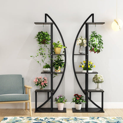 Support Plante, lot de 2, Etagere Plante, 5 niveaux avec 2 crochets, hauteur 160cm, Noir, Tribesigns, 2