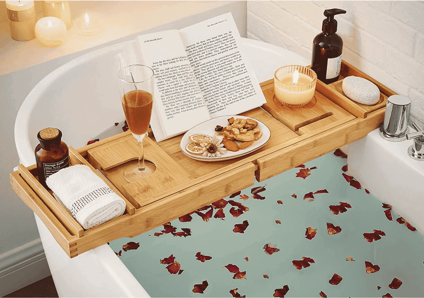 SONGMICS - Plateau de baignoire en bambou avec porte-verre, support de livre et porte-savon