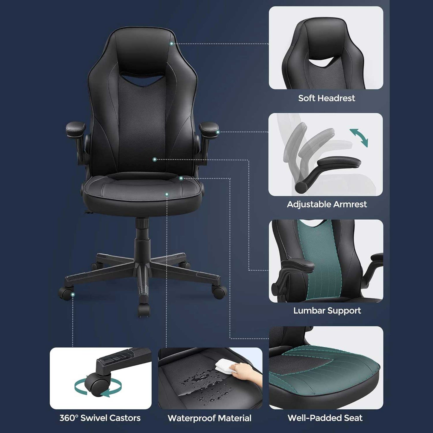 Songmics - Chaise de Bureau, Chaise de Bureau Ergonomique,Chaise Dordinateur, Fauteuil Gamer, Noir, 4