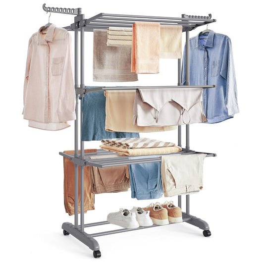 Étendoir a linge, 4 Niveaux, sechoir a linge, avec roulettes, Grande Capacité, Gris, SONGMICS, 1