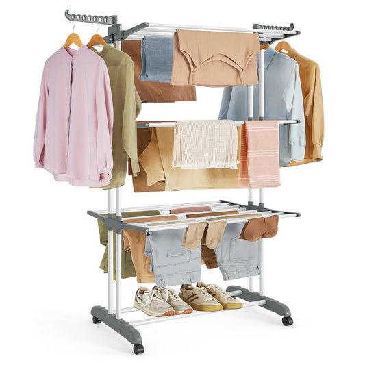Étendoir a linge, 4 Niveaux, sechoir a linge, avec roulettes, Grande Capacité, Blanc, SONGMICS, 1