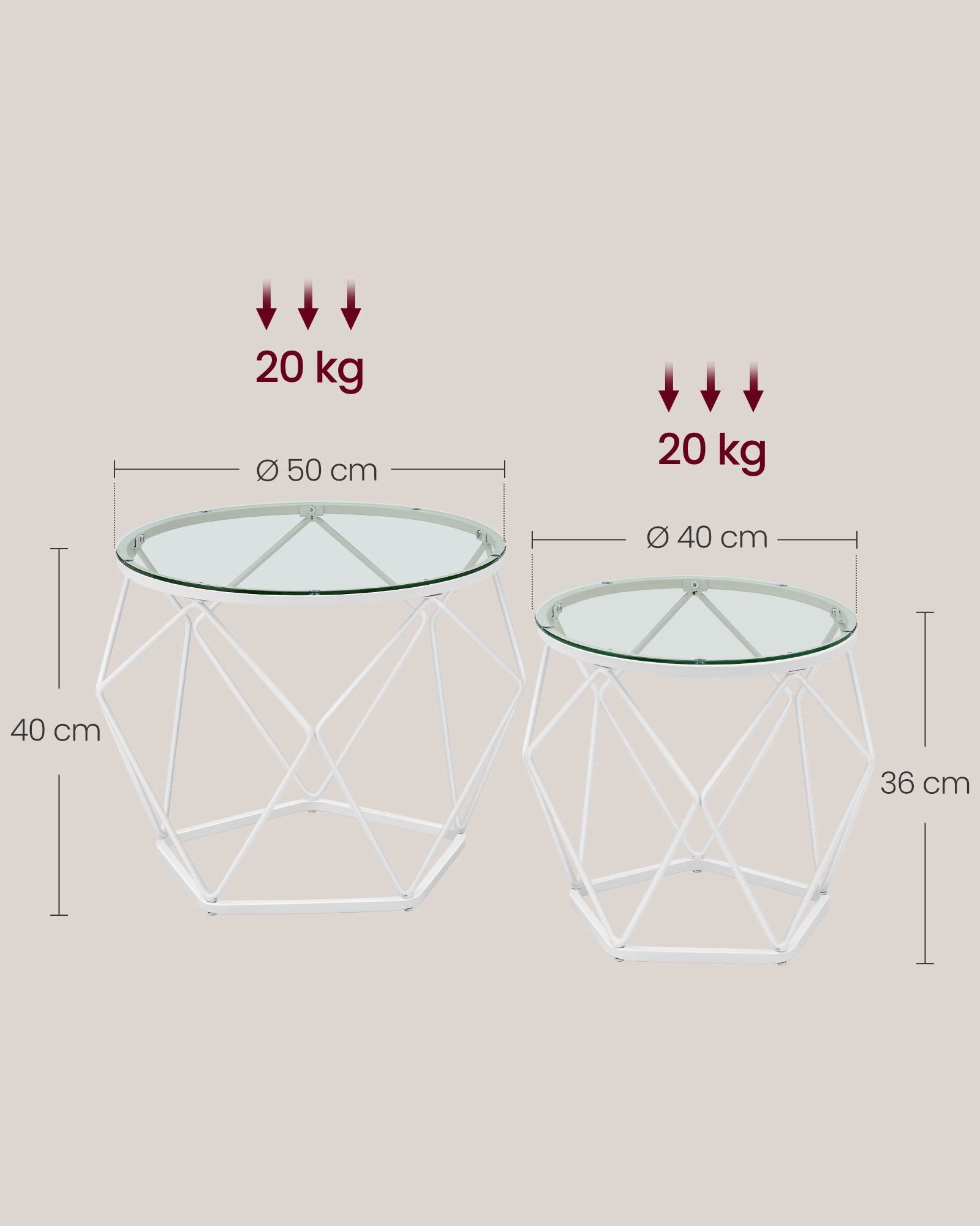 Table Basse Ronde, Lot de 2, Table d’Appoint, Table de Salon, Buffet Bas, Plateau Amovible, Blanc Nuage, VASAGLE, 6