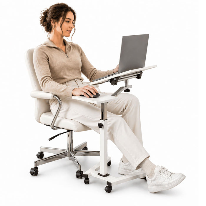 Tatkraft Like – Table réglable pour ordinateur portable sur roulettes, plateau inclinable, tablette pour souris, 67 × 70–99,5 × 52 cm, blanche