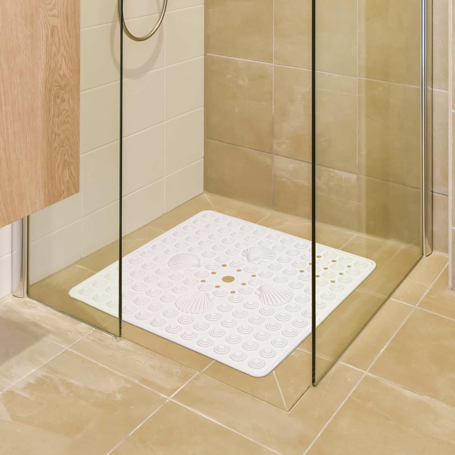 Tapis de Douche antidérapant, 48 x 48 cm, résistant à la moisissure, Lavable en Machine, Blanc, Tatkraft Shell, 3