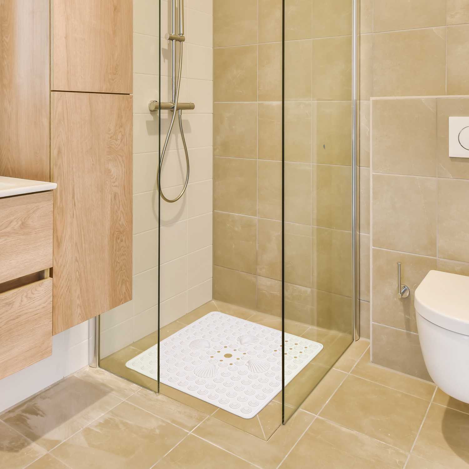 Tapis de Douche antidérapant, 48 x 48 cm, résistant à la moisissure, Lavable en Machine, Blanc, Tatkraft Shell, 4