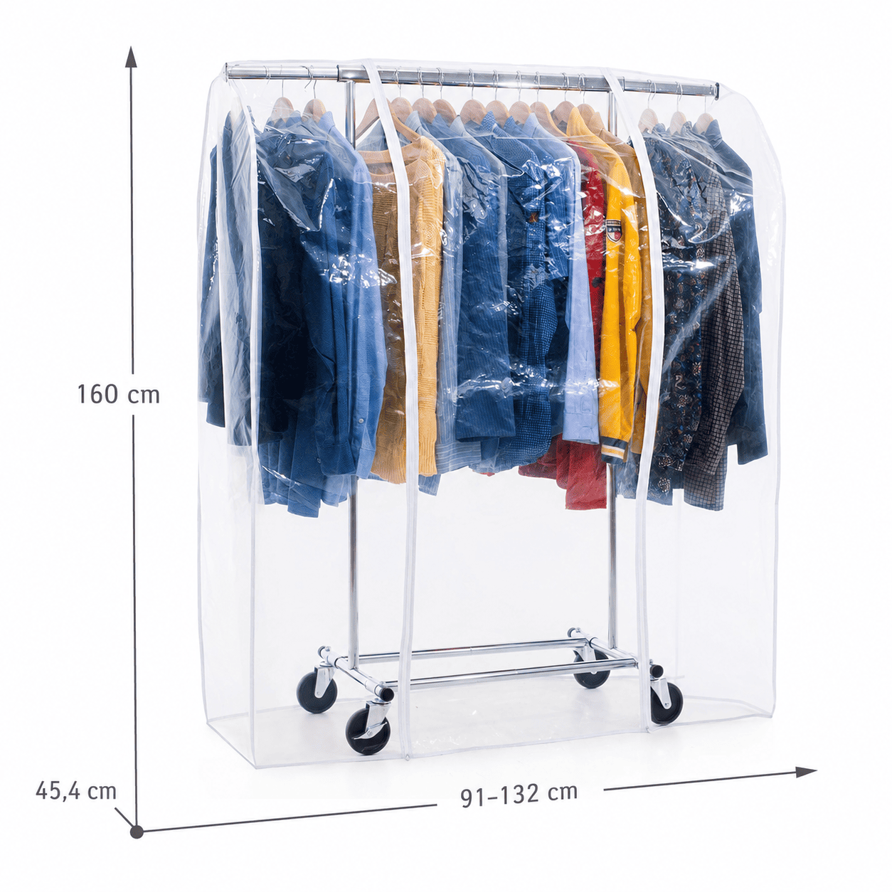 Tatkraft Darren & Protector - Penderie Tissu, avec Roulettes, Portant Vêtement Solide, 100 kg Capacité, avec Housse Transparent, 91-132X45.4X160 cm