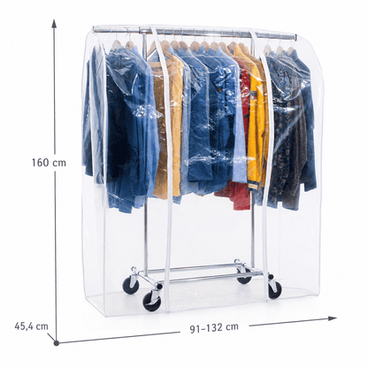 Tatkraft Darren & Protector - Penderie Tissu, avec Roulettes, Portant Vêtement Solide, 100 kg Capacité, avec Housse Transparent, 91-132X45.4X160 cm